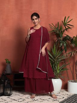 Shopping Queen - Maroon Embroidered Georgette Kurta with Palazzo and Dupatta