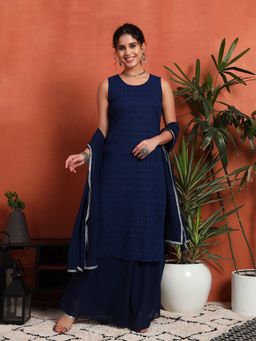 Shopping Queen - Navy Blue Embroidered Georgette Kurta with Palazzo and Dupatta