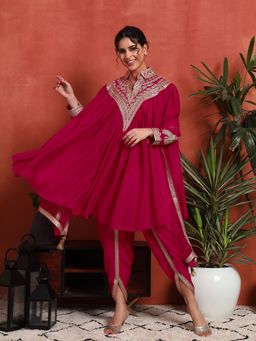 Shopping Queen - Ruby Pink Embroidered Silk Kurta with Dhoti Pant and Dupatta