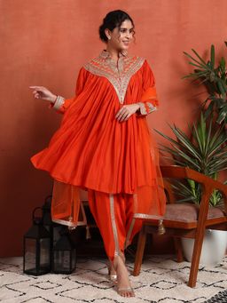 Shopping Queen - Ginger Orange Embroidered Silk Kurta with Dhoti Pant and Dupatta
