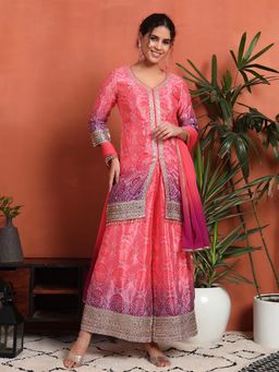 Shopping Queen - Pink Bandhani Silk Kurta with Palazzo and Dupatta