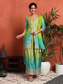 Shopping Queen - Parrot Bandhani Silk Kurta with Palazzo and Dupatta