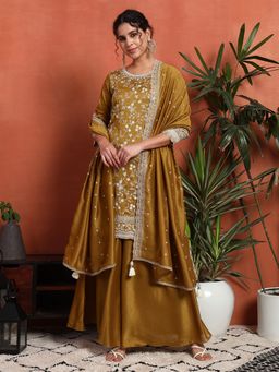 Shopping Queen - Antique Gold Embroidered Silk Kurta with Palazzo and Dupatta