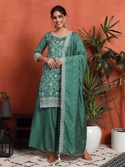 Shopping Queen - Sea Green Embroidered Silk Kurta with Palazzo and Dupatta