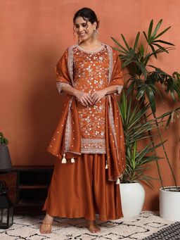 Shopping Queen - Rust Embroidered Silk Kurta with Palazzo and Dupatta