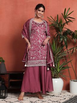 Shopping Queen - Old Mauve Embroidered Silk Kurta with Palazzo and Dupatta
