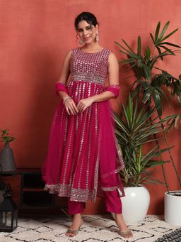 Shopping Queen - Ruby Pink Embellished Georgette Kurta with Pant and Dupatta