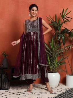Shopping Queen - Wine Embellished Georgette Kurta with Pant and Dupatta