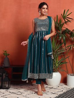 Shopping Queen - Prussian Blue Embellished Georgette Kurta with Pant and Dupatta