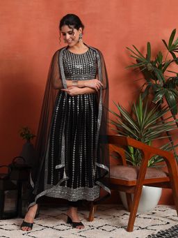 Shopping Queen - Black Embellished Georgette Kurta with Pant and Dupatta