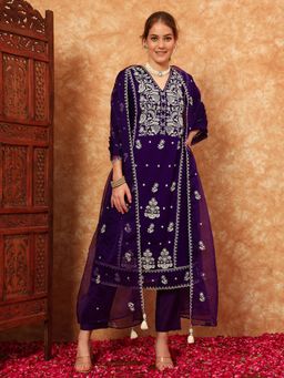 Shopping Queen - Electric Purple Embroidered Silk Kurta with Pant and Dupatta