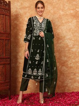 Shopping Queen - Olive Embroidered Silk Kurta with Pant and Dupatta