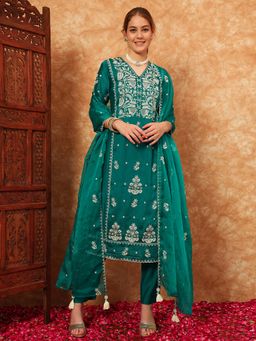 Shopping Queen - Turquoise Embroidered Silk Kurta with Pant and Dupatta