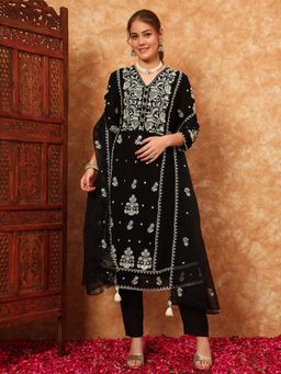 Shopping Queen - Black Embroidered Silk Kurta with Pant and Dupatta
