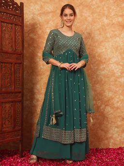 Shopping Queen - Bottle Green Embroidered Georgette Kurta with Palazzo and Dupatta