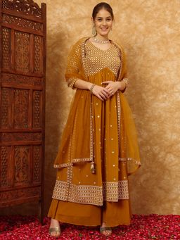 Shopping Queen - Golden Mustard Embroidered Georgette Kurta with Palazzo and Dupatta