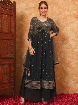 Shopping Queen - Granite Black Embroidered Georgette Kurta with Palazzo and Dupatta