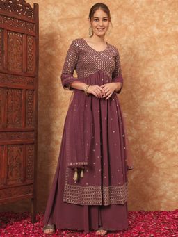 Shopping Queen - Mauve Pink Embroidered Georgette Kurta with Palazzo and Dupatta