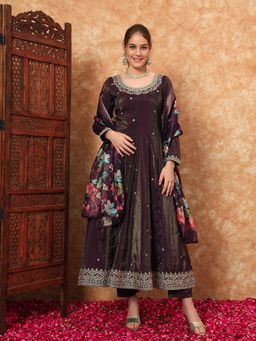 Shopping Queen - Eggplant Wine Embroidered Silk Kurta with Pant and Dupatta
