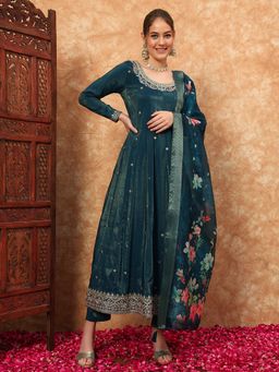 Shopping Queen - Prussian Blue Embroidered Silk Kurta with Pant and Dupatta