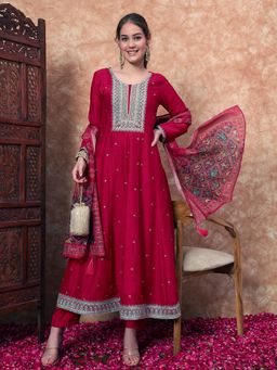 Shopping Queen - Ruby Pink Embroidered Silk Kurta with Pant and Dupatta