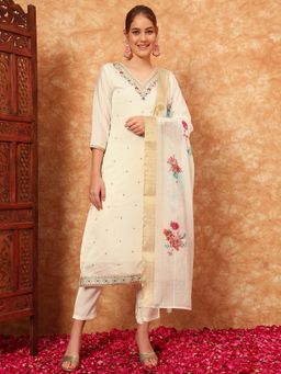 Shopping Queen - Off White Embroidered Silk Kurta with Pant and Dupatta