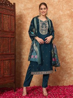 Shopping Queen - Prussian Blue Embroidered Silk Kurta with Pant and Dupatta