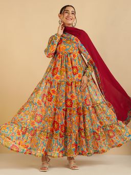 Deebaco - Multi Colour Floral Printed Ethnic Kurta with Dupatta