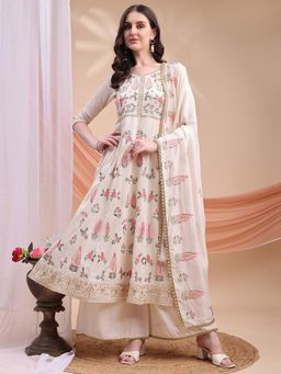 BERRYLICIOUS - Women Off White Floral Embroidered Anarkali Kurta with Palazzo and Dupatta