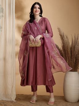 BERRYLICIOUS - Women Mauve Angrakha Kurta with Pant and Dupatta