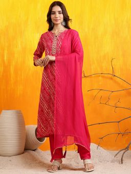 BERRYLICIOUS - Women Pink Embroidered and Bandhani Printed Kurta with Pant and Dupatta