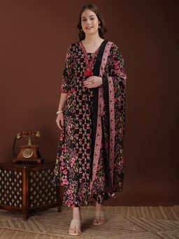 BERRYLICIOUS - Women Black Embroidered and Floral Printed Kurta with Palazzo and Dupatta