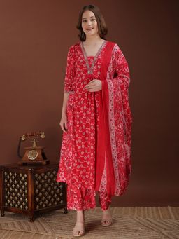 BERRYLICIOUS - Women Red Embroidered and Floral Printed Kurta with Palazzo and Dupatta