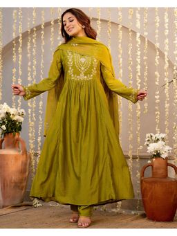 Label Madhuri Thakkar - Women Olive Chanderi Anarkali Kurta with Pant and Dupatta
