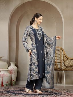 Nayam by lakshita - Blue Pashmina Wool with Floral Kurta with Palazzo and Dupatta