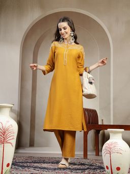 Nayam by lakshita - Mustard Embroidered Nylon-Viscose Chiffon Kurta with Pant