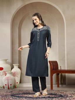 Nayam by lakshita - Teal Embroidered Nylon-Viscose Chiffon Kurta with Pant