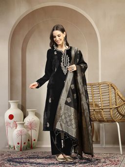 Nayam by lakshita - Black Velvet Zari-Embroidered Kurta with Pant and Dupatta