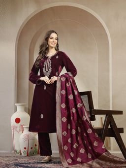 Nayam by lakshita - Wine Velvet Zari-Embroidered Kurta with Pant and Dupatta