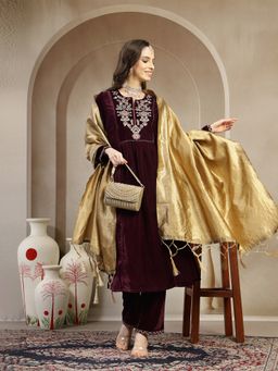 Nayam by lakshita - Purple Velvet Zari-Embroidered Kurta with Pant and Dupatta