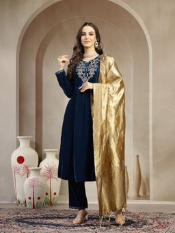 Nayam by lakshita - Teal Velvet Zari-Embroidered Kurta with Pant and Dupatta