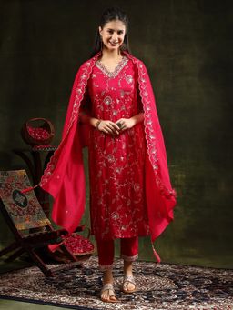 BERRYLICIOUS - Women Pink Full Front Embroidered Kurta with Pant and Dupatta