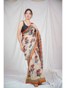 The Raksha Store - Women Beige Kota Handloom Saree with Unstitched Blouse