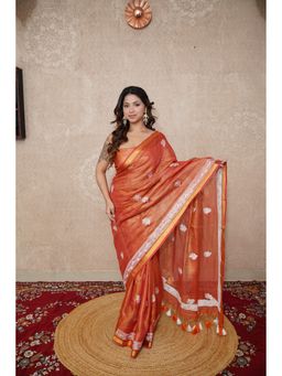 The Raksha Store - Women Orange Linen Embroidered Saree with Unstitched Blouse