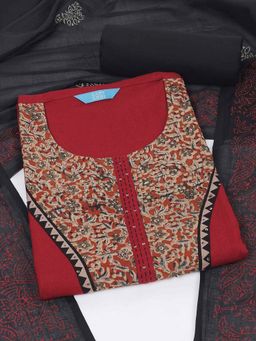 Kami Kubi - Maroon Floral Patterns Unstitched Kurta and Unstitched Pant with Dupatta