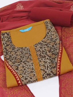 Kami Kubi - Mustard Floral Patterns Unstitched Kurta and Unstitched Pant with Dupatta