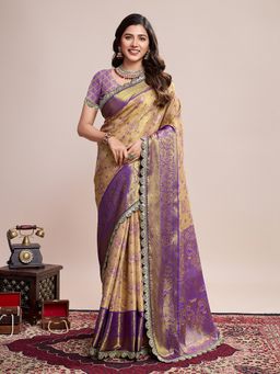 Vedant Vastram - Women Beige Art Silk Handloom Saree with Unstitched Blouse
