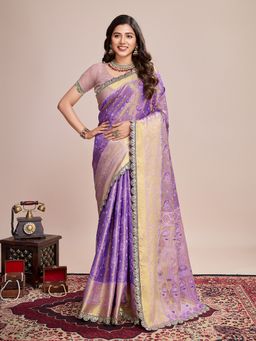Vedant Vastram - Women Lavender Art Silk Handloom Saree with Unstitched Blouse