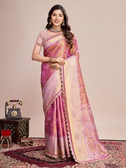 Vedant Vastram - Women Pink Art Silk Handloom Saree with Unstitched Blouse