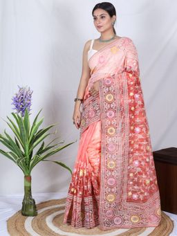Odette - Orange Organza Embroidered Saree with Unstitched Blouse